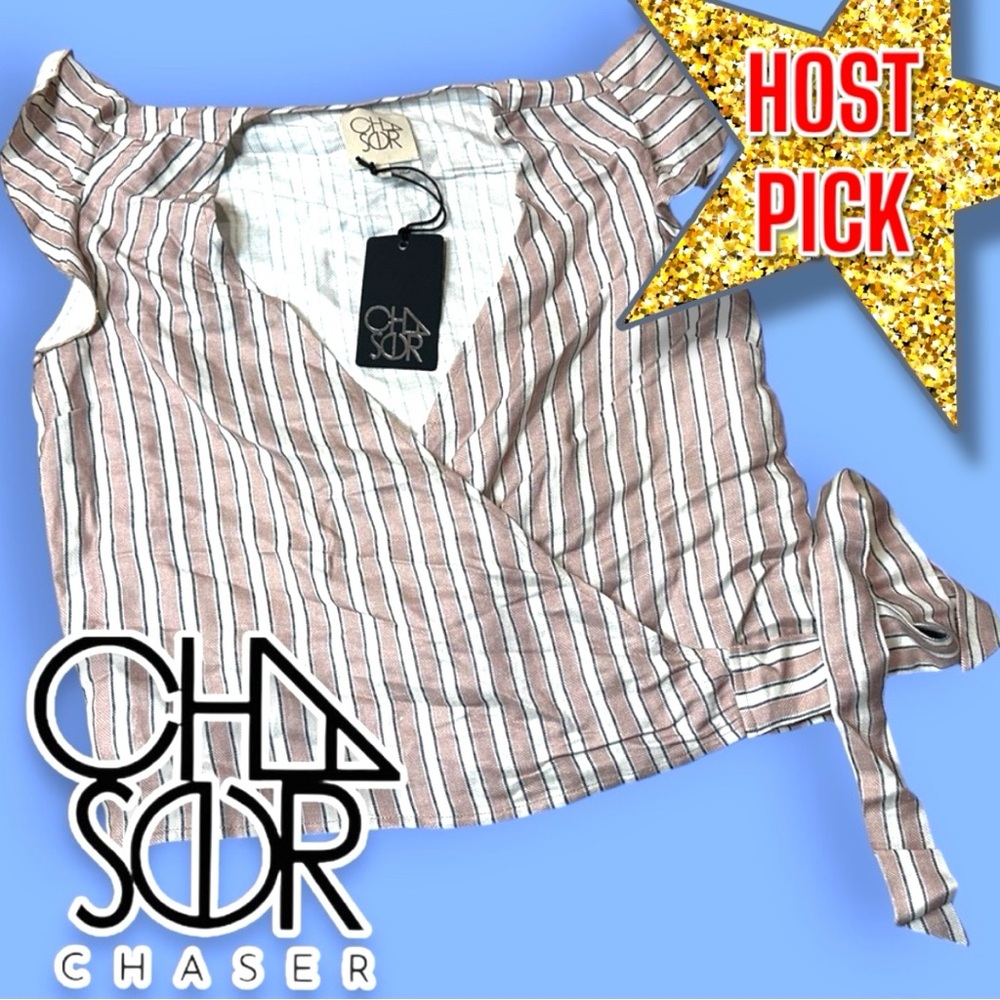🎉HP🎉NWT CHASER Cap Sleeve Wrap Top in Cream and Blue Stripes. Size Small